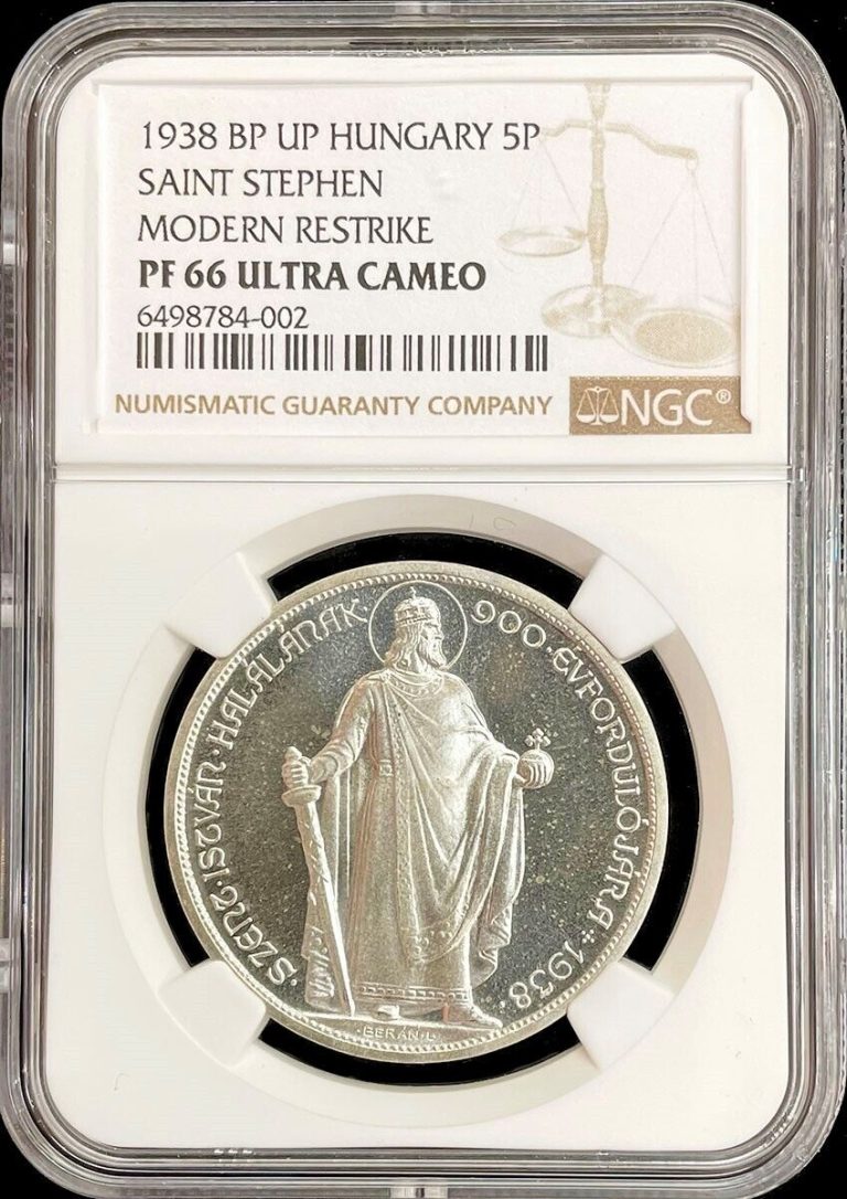 Read more about the article 1938 PROOF HUNGARY 5 PENGO SAINT STEPHEN MODERN COIN NGC PROOF 66 UC X#PN13.1