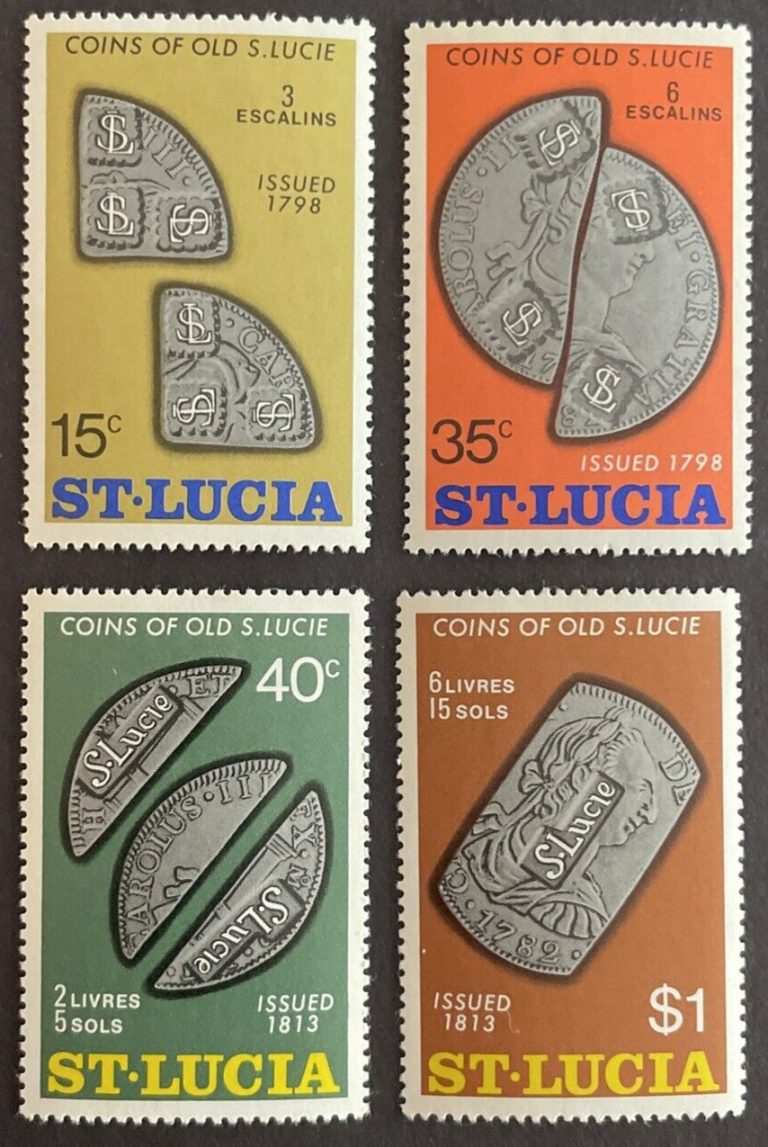 Read more about the article St. Lucia 1974 Set of 4 MLH OG Sc#355-58 Coins of Old St. Lucia