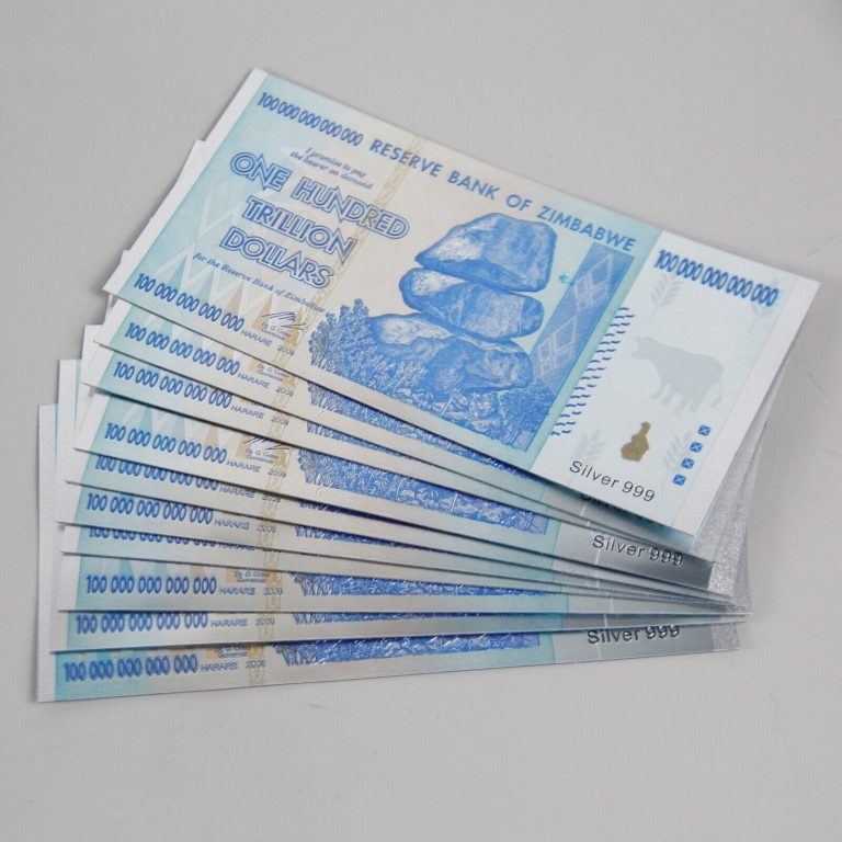 Read more about the article 10× $100 One Hundred Trillion Dollar Zimbabwe Silver Blue Banknote Set /w Roc WR