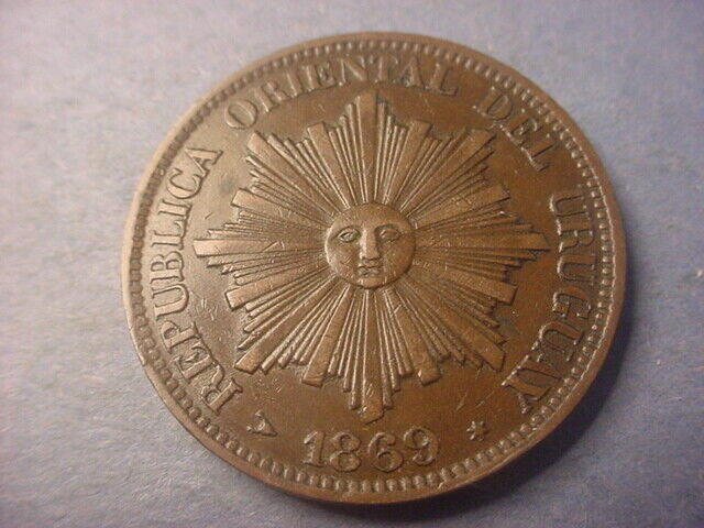 Read more about the article Uruguay 1869 H 4 Centesimos Sun Face Copper Crown #73227