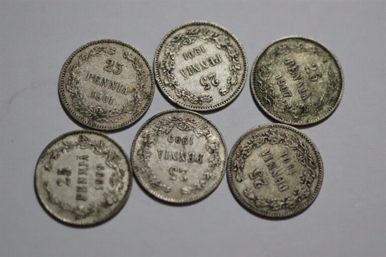 Read more about the article 🧭 FINLAND 25 PENNIA – 6 SILVER COINS LOT RUSSIAN B53 #210