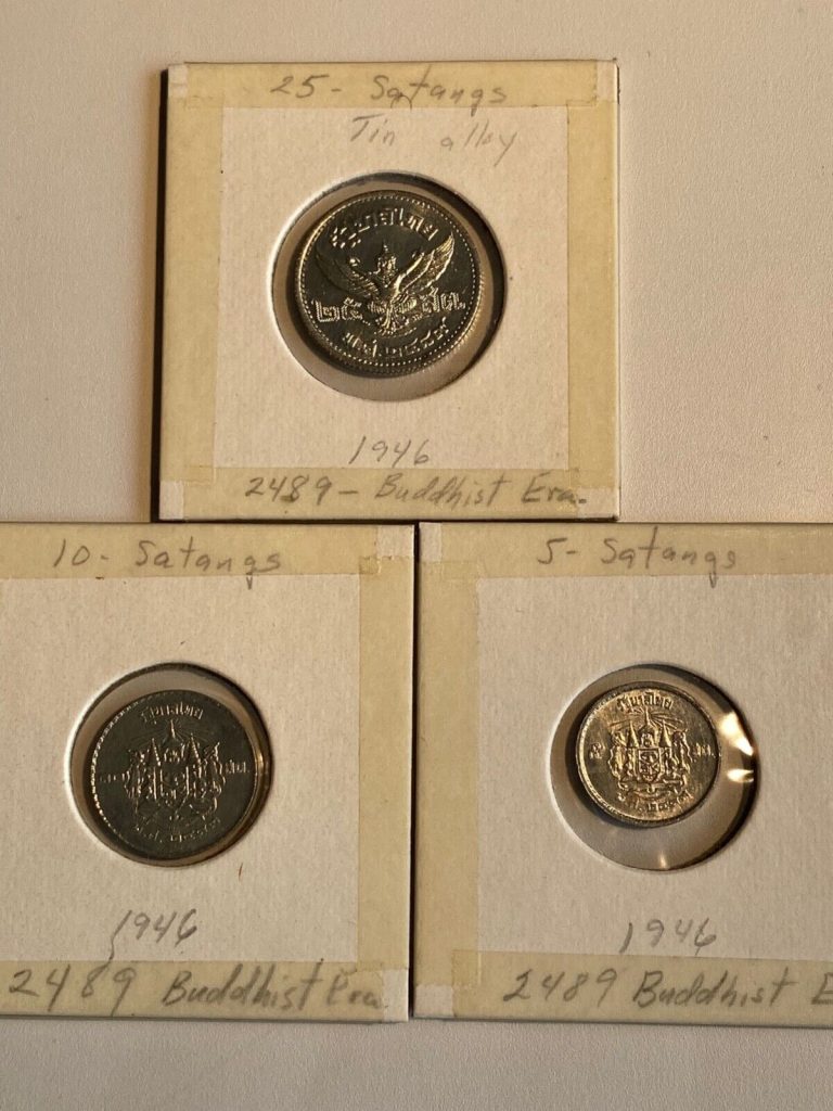 Read more about the article One lot or 3-1946 THAILAND Coins- 5  10  25  Satangs