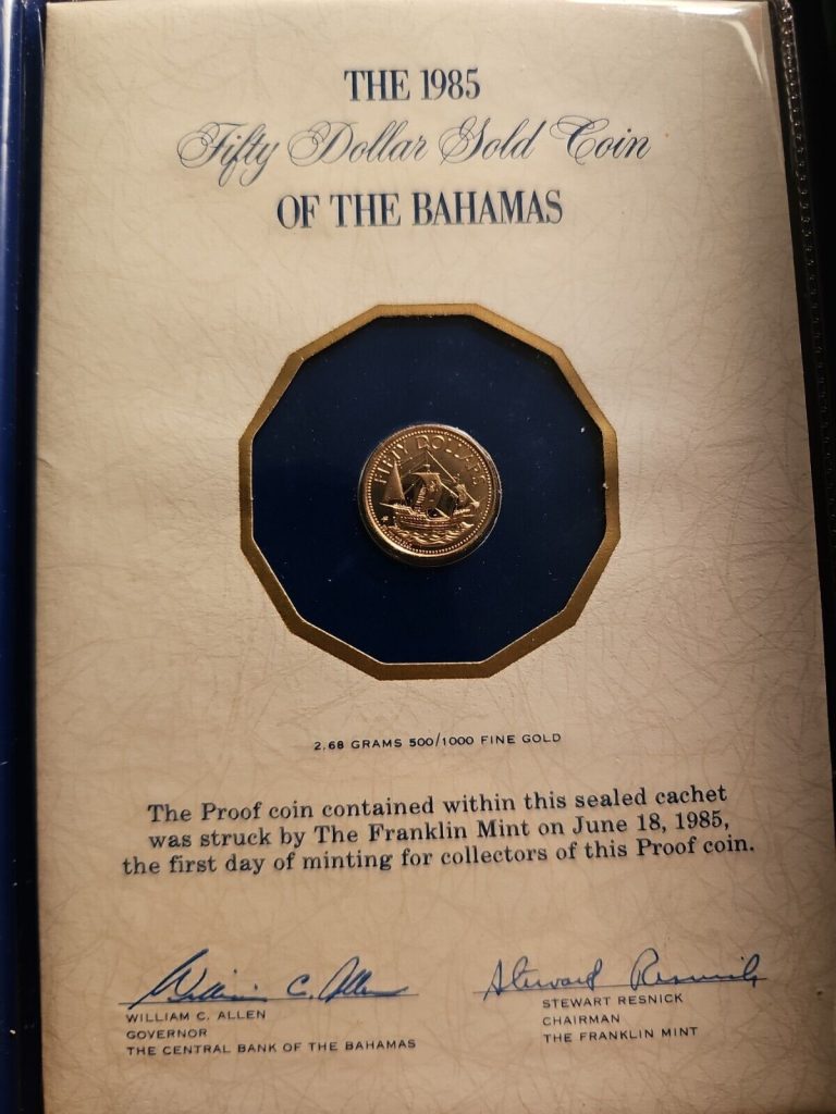 Read more about the article 1985 Bahamas $50 Gold Pf Coin .0431AGW by F.M. 1st Day cache