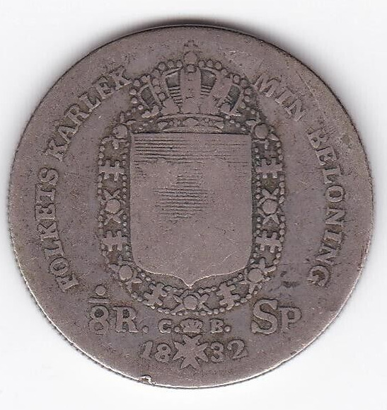 Read more about the article 1832 1/8 Riksdaler Rigs Daler Sweden SILVER Coin