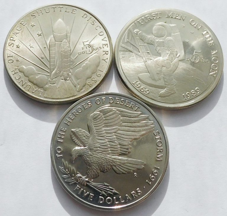 Read more about the article 3 Marshall Islands $5 coins  1988 Discovery  1989 Men on Moon  1991 Desert Storm