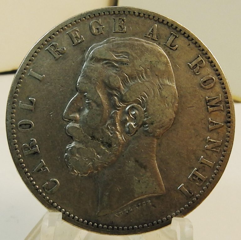 Read more about the article 1884  Romania King Carol I Large Silver 5 Lei Coin with 6 stars on the edge RARE