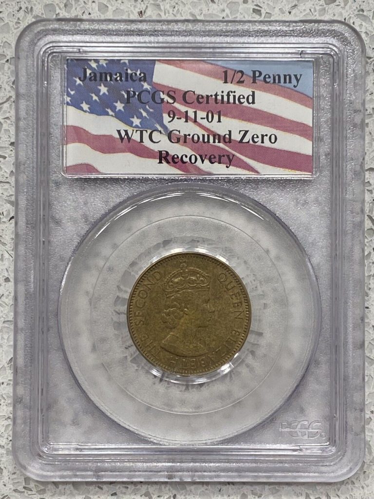 Read more about the article Jamaica 1/2 Penny PCGS Certified 9-11-01 Twin Towers WTC Ground Zero Recovery