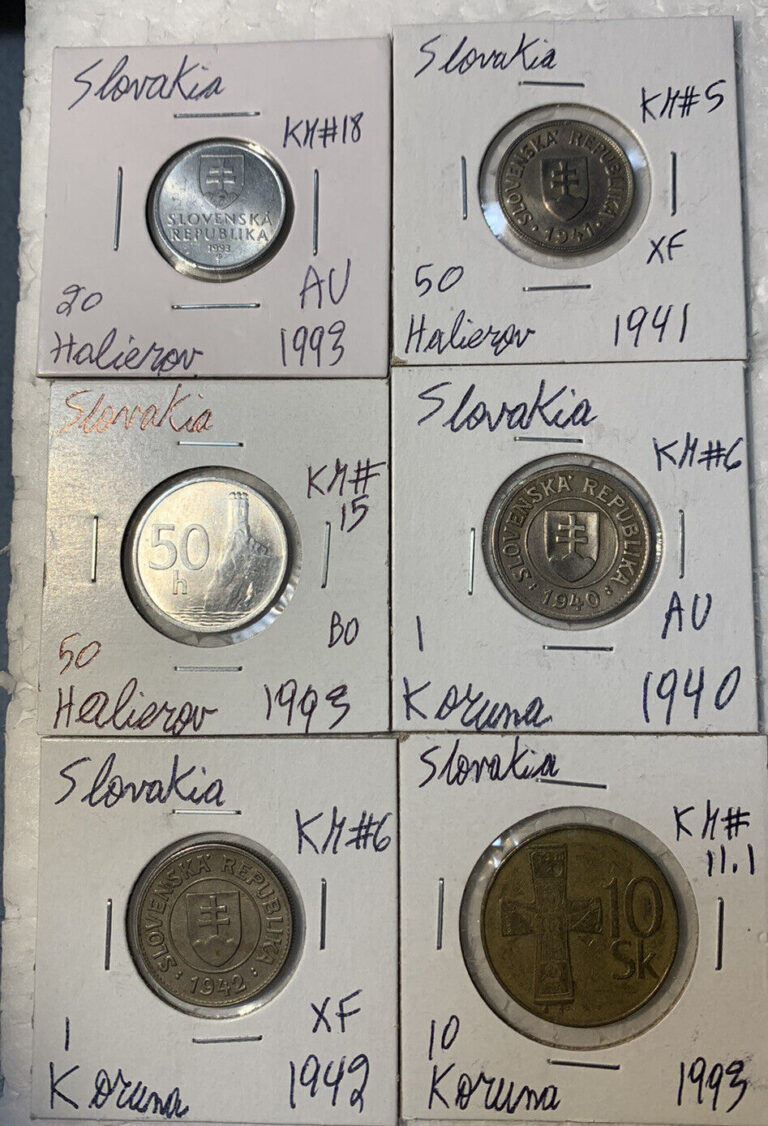 Read more about the article 1940 – 1993 Slovakia 20 and 50 Halierov and 1 and 10 Koruna XF – BU 6 Coin Lot