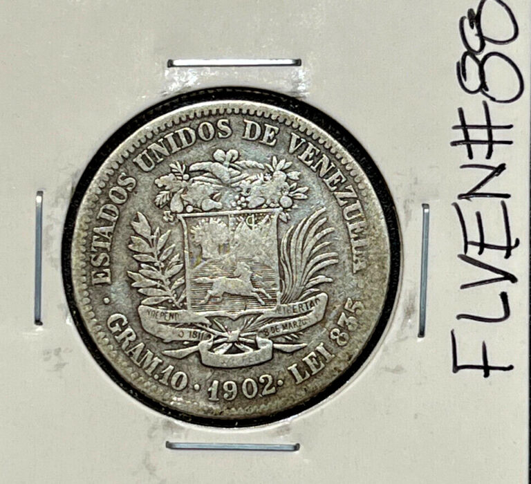 Read more about the article Beautiful Silver Coin 1902 Venezuela 2 Bolivares Key Fine only 250 000 minted