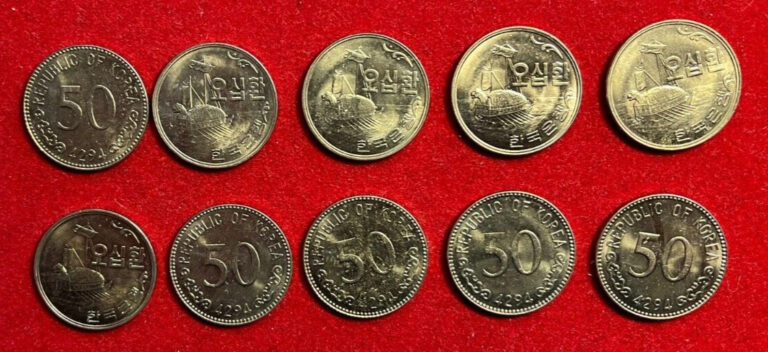 Read more about the article L58 South Korea; Lot of 10 Coins from Mint Bag – 50 Hwan KE4294 – 1961  KM#2 UNC