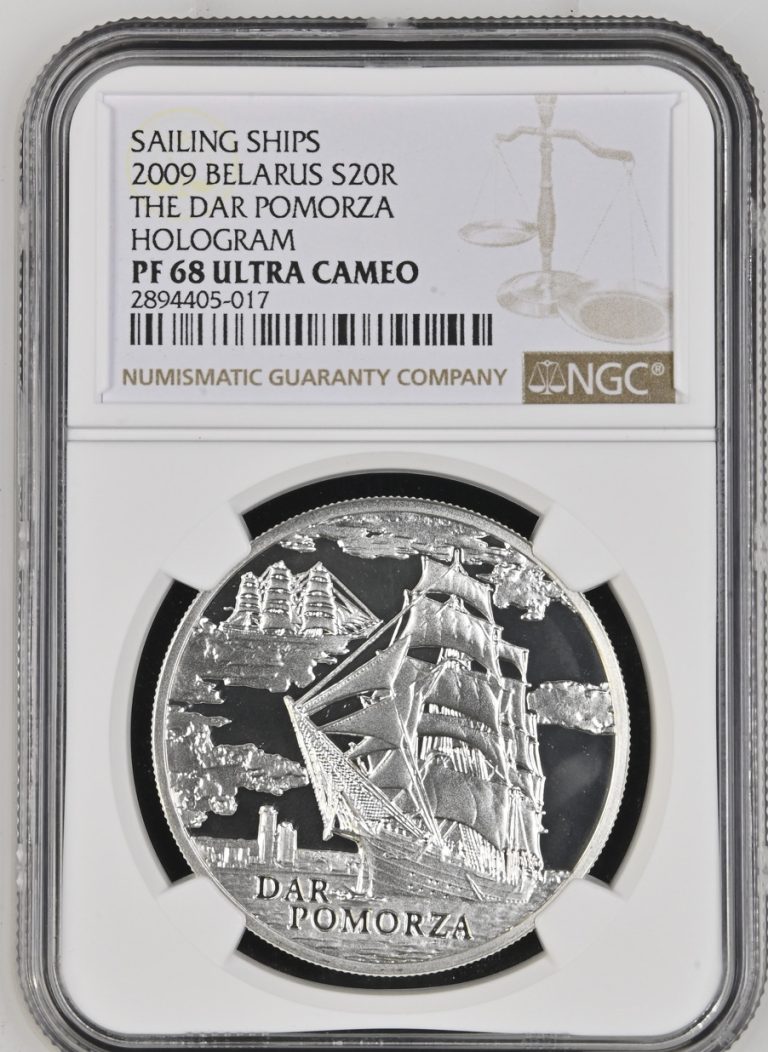 Read more about the article 20 ROUBLES 2009 BELARUS THE DAR POMORZA HOLOGRAM SILVER PROOF NGC PF68