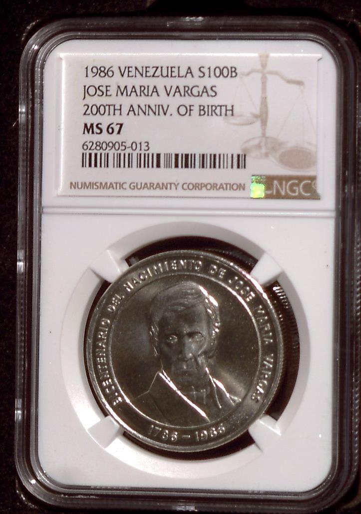Read more about the article 1986 Venezuela Silver 100 Bolivares | Jose Maria Vargas | NGC MS67