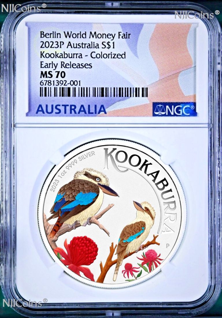 Read more about the article 2023 Berlin Show WMF Australia Kookaburra Silver NGC MS70 1oz $1 Coin ER Flag L