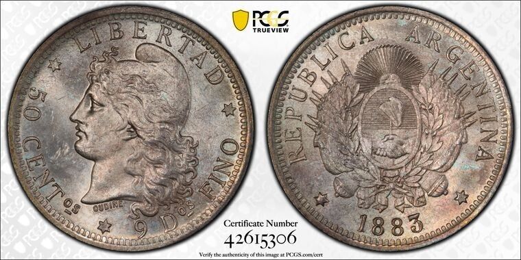 Read more about the article C15 Argentina 1883 50 Centavos PCGS MS-64