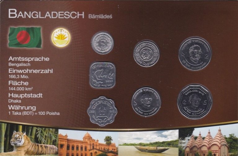 Read more about the article Bangladesh – set 7 coins 1 5 10 25 Poisha 1 2 5 Taka 1974 – 2012 UNC in a carton