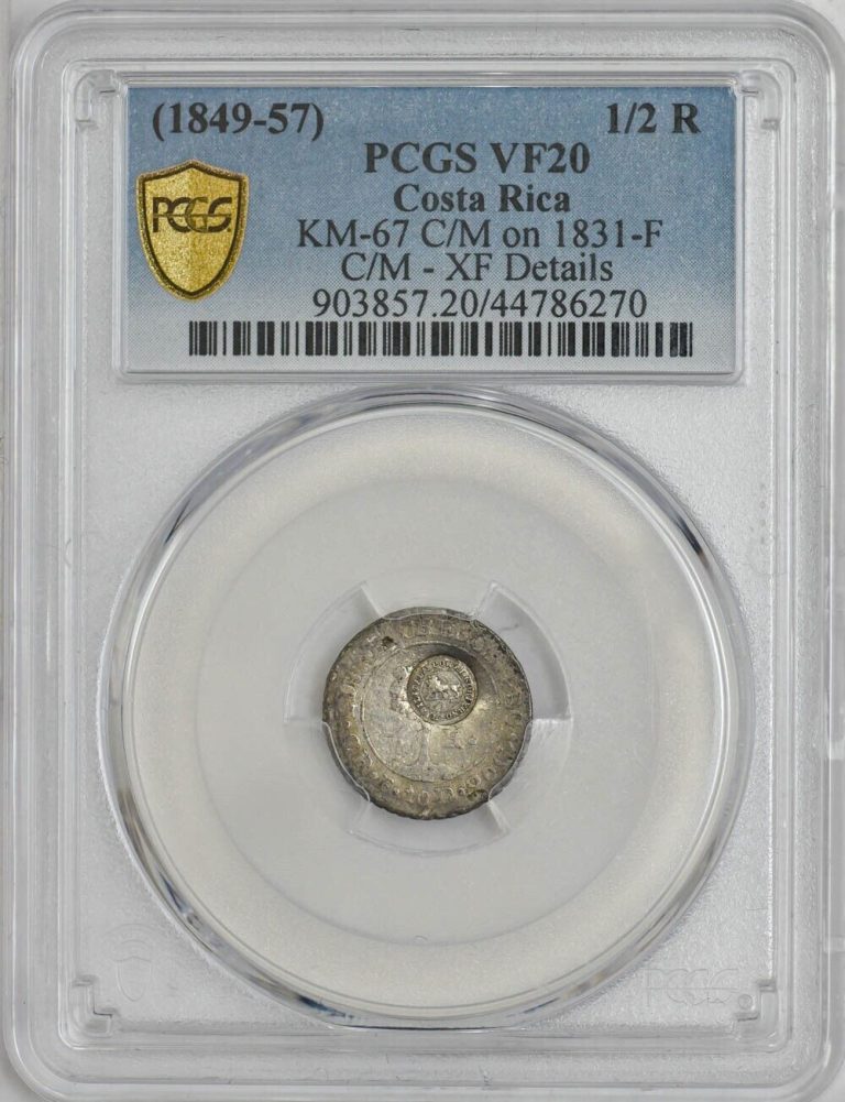 Read more about the article (1849-57) Costa Rica 1/2 Real KM-67 C/M on 1831-F XF Details PCGS 946303-25