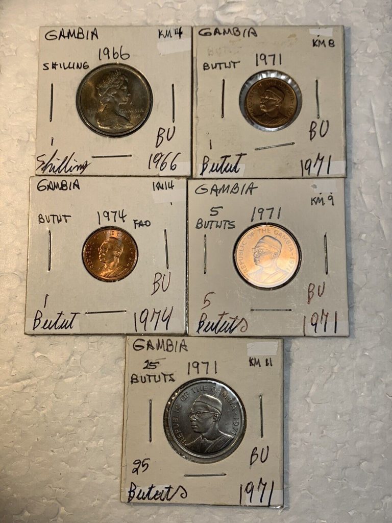 Read more about the article Gambia 1966 – 1974 Uncirculated BU 5 Coin Lot 1 Shilling  1  5 and 25 Bututs