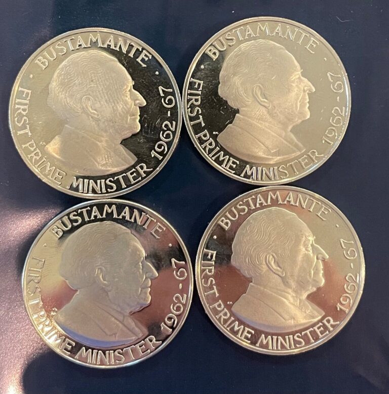 Read more about the article Lot of 4 Jamaican One Dollar Proof Coin 1970s FM KM# 57 Jamaica Bustamante 1 UNC