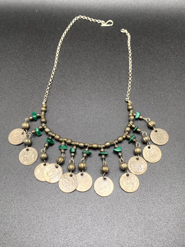 Read more about the article Antique Morocco Silver Coin and Malachite Dangle Necklace