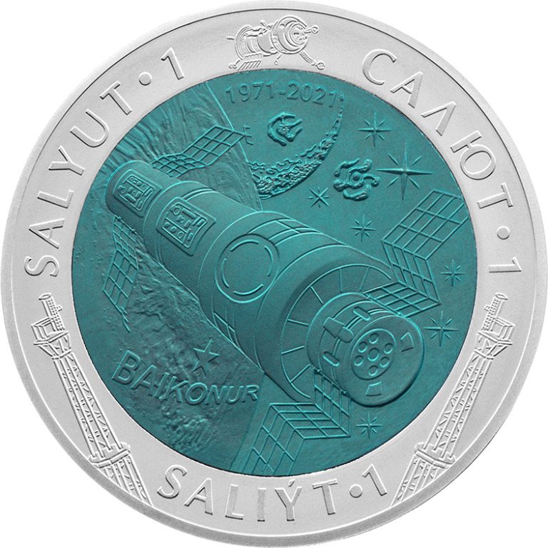 Read more about the article KAZAKHSTAN: PRESALE coin 500 tenge  2021 SALYUT-1 (DOS-1) silver +TANTALUM Space