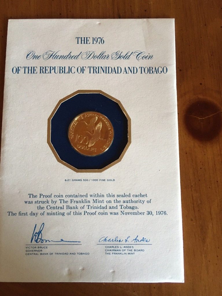 Read more about the article Trinidad and Tobago GOLD 1976 $100 Pf Coin F.M. In original Cache