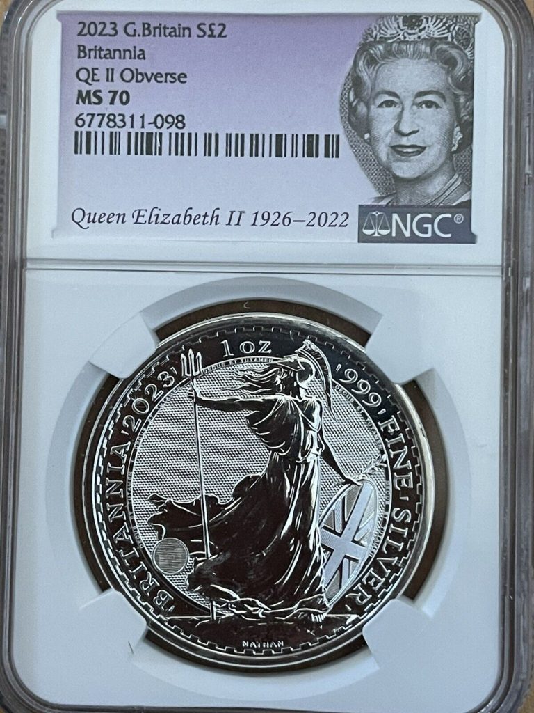 Read more about the article 2023 Britannia 1oz Silver QEII Effigy UK Queen Elizabeth Memorial Label NGC MS70