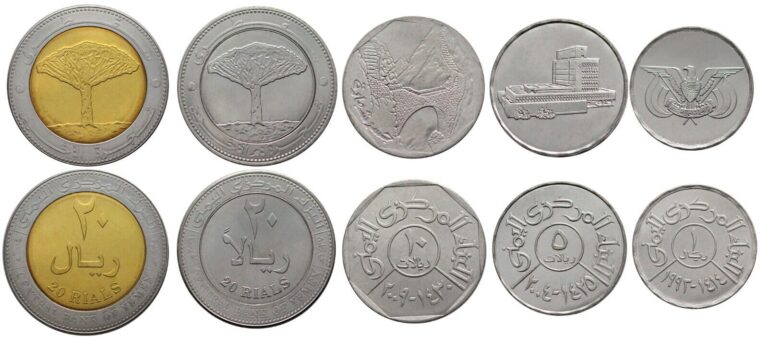 Read more about the article YEMEN SET 5 COINS 1 – 5 – 10 – 20 – 20 REALS BIMETAL BI-MEALLIC UNC