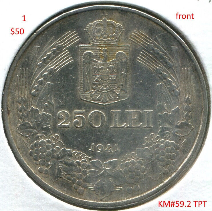 Read more about the article Romania C150 1941  250 Lei KM#59.2 Totul Pentru Tara  XF scarce silver coin