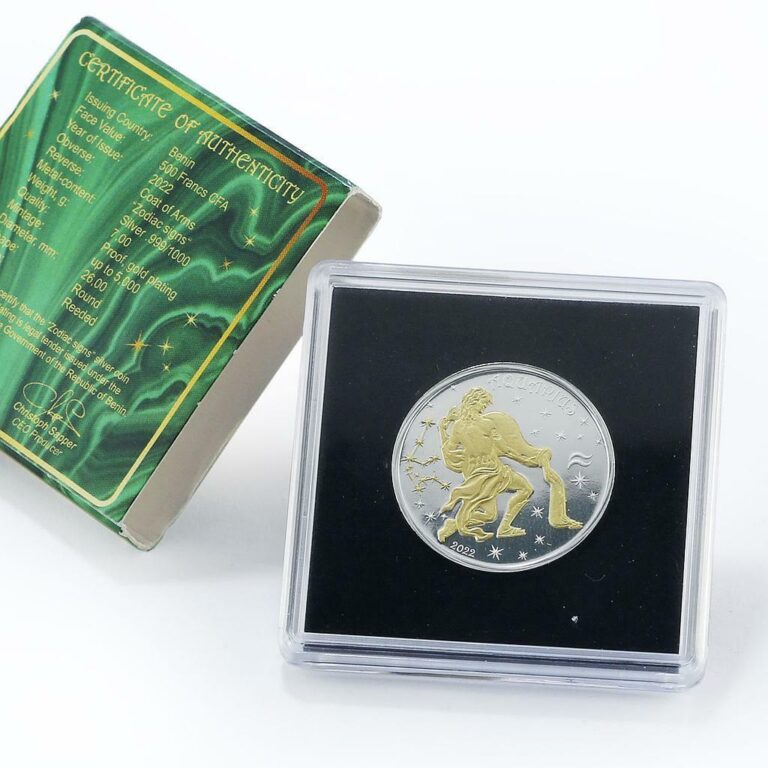 Read more about the article Benin 500 francs Zodiac Signs series Aquarius proof gilded silver coin 2022