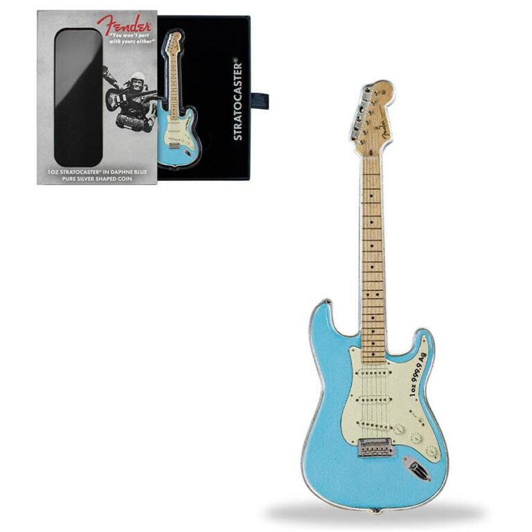 Read more about the article 2023 SI 1 oz Silver Fender Stratocaster Daphne Blue Guitar Coin