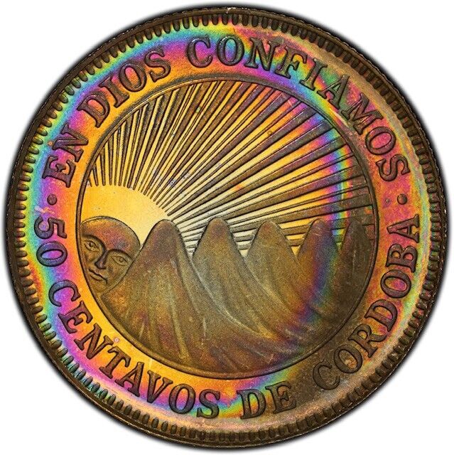 Read more about the article PR66DCAM 1972 Nicaragua 50 Centavos Proof  PCGS- Electric Vivid Rainbow Toned