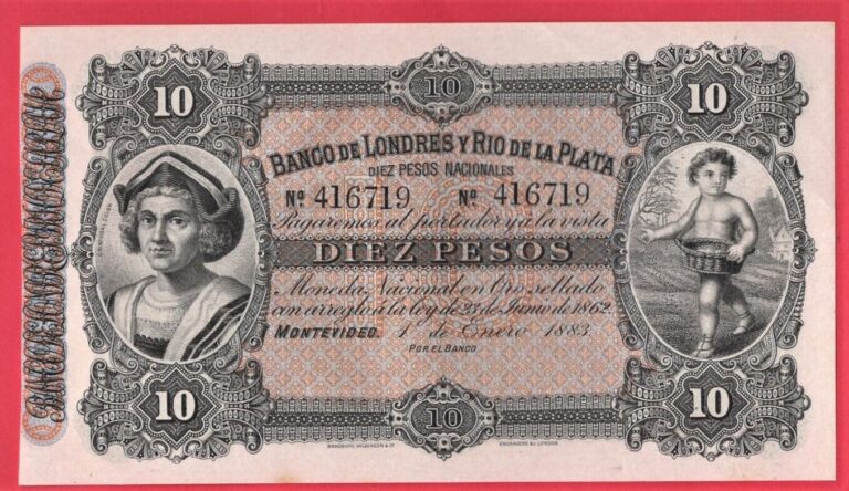 Read more about the article *** 1883 URUGUAY DIEZ PESOS RIO PLATA GEM