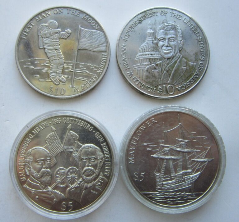 Read more about the article Four Liberia $5 and $10 coins: Gettysburg  Mayflower  Reagan and Man on Moon