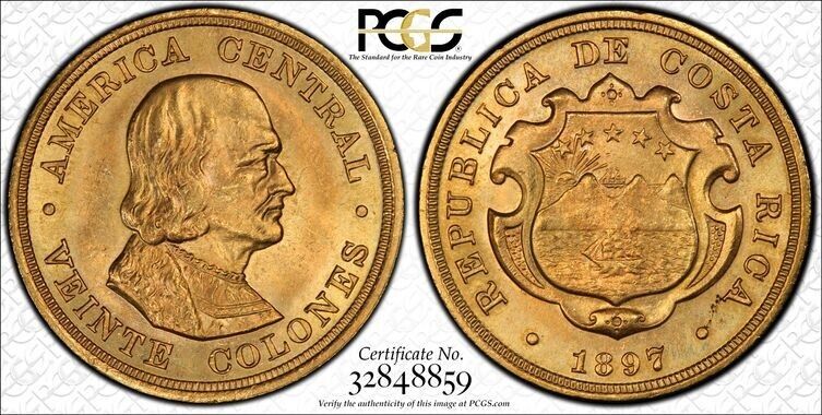 Read more about the article C36 Costa Rica 1897 GOLD 20 Colones PCGS MS-63 Top Pop:4/0 Tied For Finest!