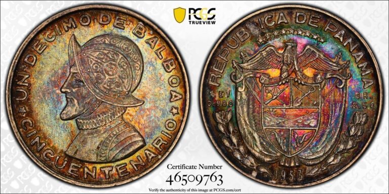 Read more about the article MS65+ 1953 Panama Silver 1/10 Balboa  PCGS Trueview- Nicely Rainbow Toned