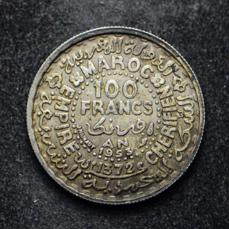 Read more about the article AH1372-1953 Morocco 100 Francs .720 Silver Coin .0926-oz ASW (bb10284)