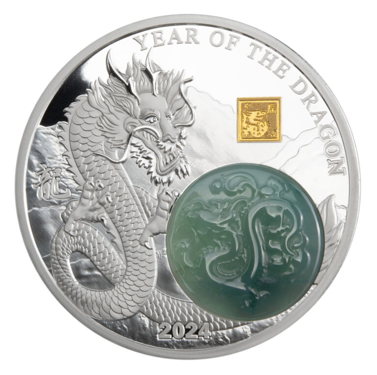Read more about the article 2024 Burundi Jade Lunar Dragon 2 oz Silver Coin with Jade insert Mintage 1888