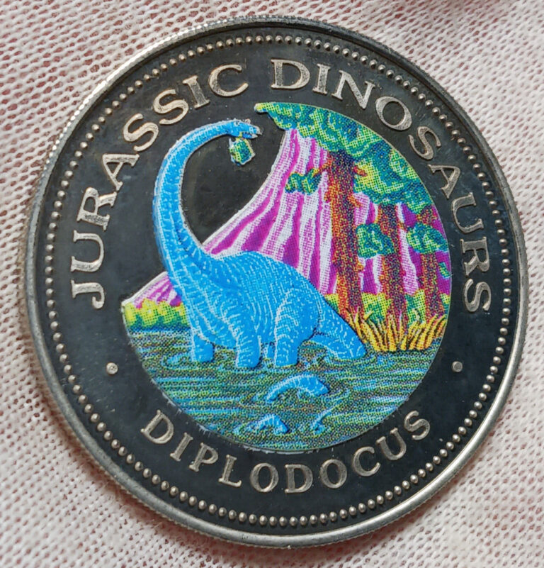 Read more about the article 1993 Equatorial Guinea 1000 Francs Colorized Coin Jurassic Dinosaurs Diplodocus