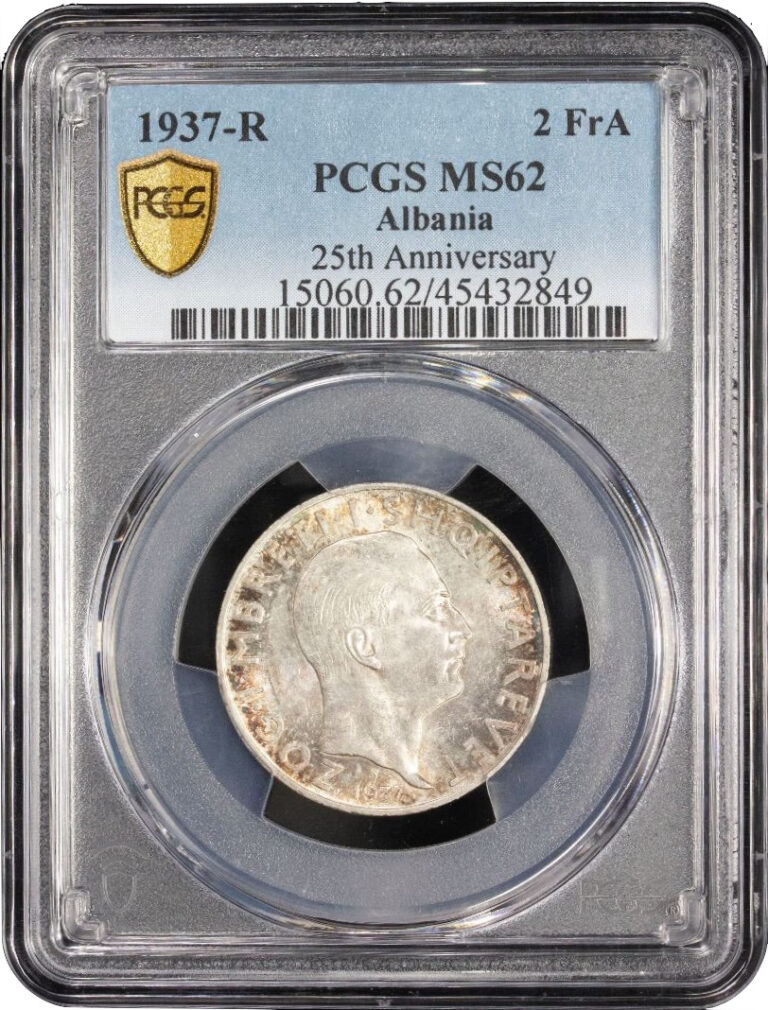 Read more about the article Albania 2 franga ari 1937  PCGS MS62  “25th Anniversary – Independence”