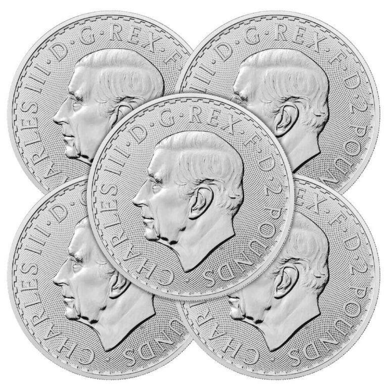 Read more about the article Lot of 5 – 2023 U.K. 2 Pound Silver King Charles Britannia .999 1 oz BU