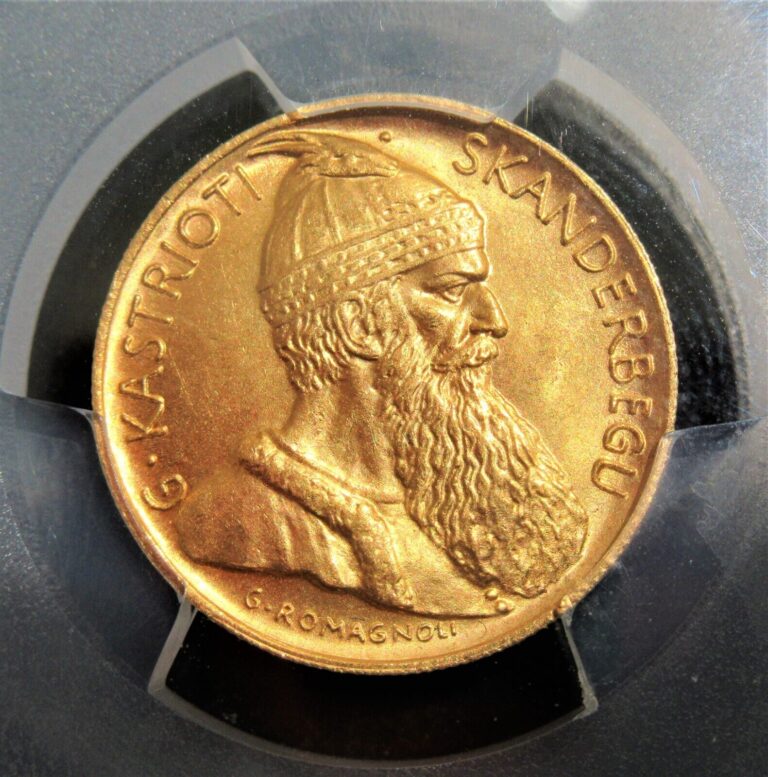 Read more about the article Albania: 1927-V Gold 20 Franga Ari Skanderbeg KM-12 PCGS MS-65+