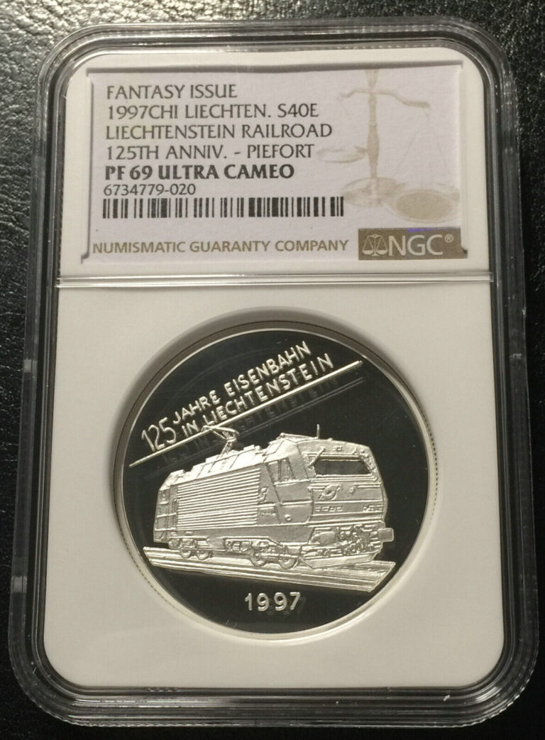 Read more about the article Liechtenstein 40 Euros 1997 Silver PIEDFORT coin NGC PF 69 UC Railway Locomotive