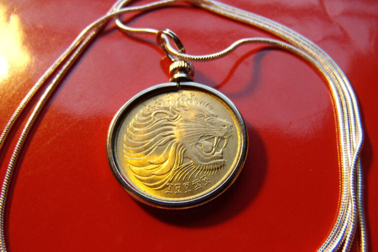 Read more about the article Big Golden Brass Gem African Lion Coin Pendant on a 30″ 925 Silver Snake Chain