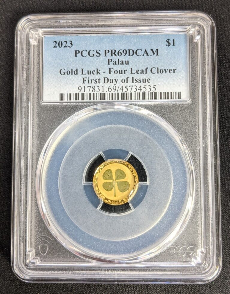 Read more about the article 2023 GOLD $1 Palau Four Leaf Clover PCGS PR69DCAM FDOI 1g Gold Coin; ‘Gold Luck’