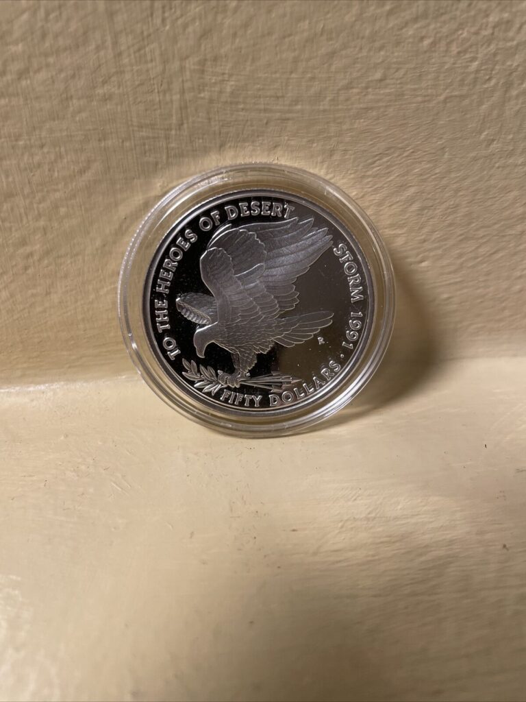 Read more about the article Marshall 1991 Desert Storm Eagle 50 Dollars 1oz Silver Coin Proof