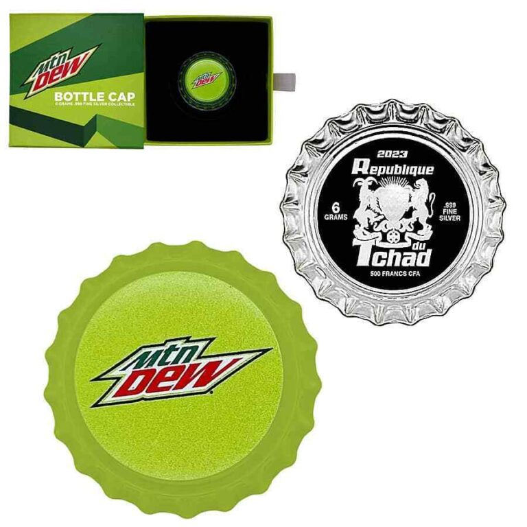 Read more about the article 2023 Chad 6 gram Mountain Dew Bottle Cap Proof Silver Coin .999 Fine (w/Box)