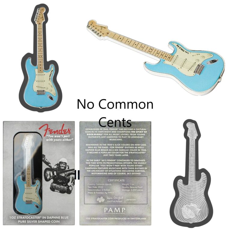 Read more about the article 2023 Solomon Islands Fender Stratocaster Daphne Blue Guitar Coin 1oz Silver PAMP