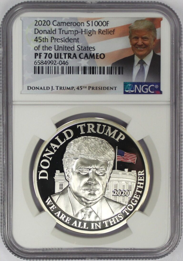 Read more about the article 2020 Cameroon 1000F 1oz Silver Donald Trump High Relief NGC PF70 Ultra Cameo