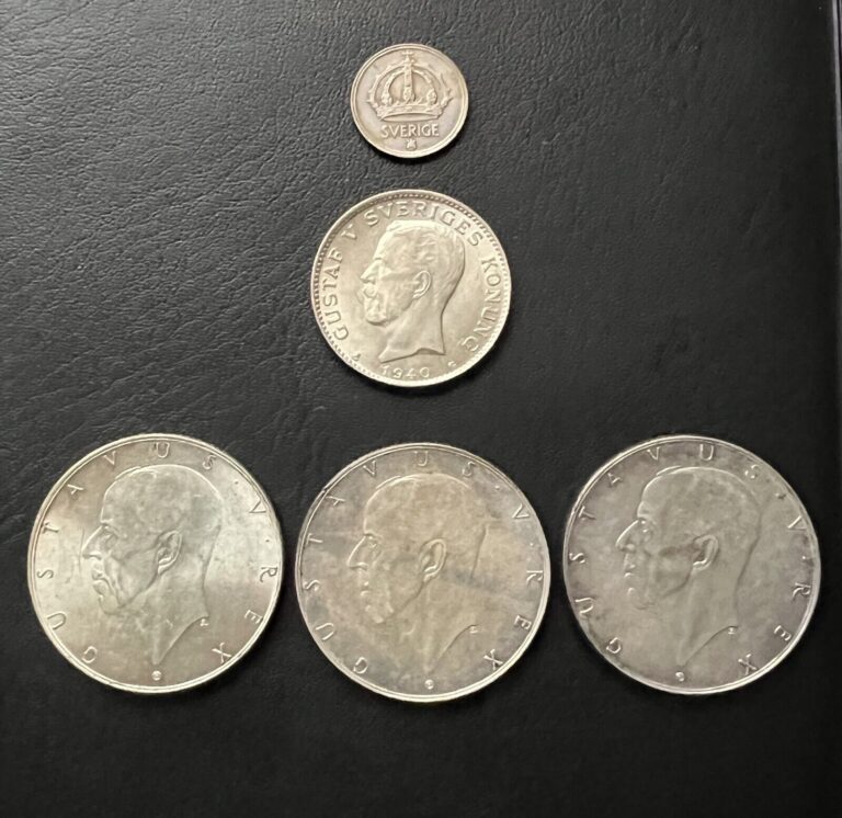 Read more about the article Lot of 5 Sweden Silver Coins (10 Ore  Krona and 2 Kronor)