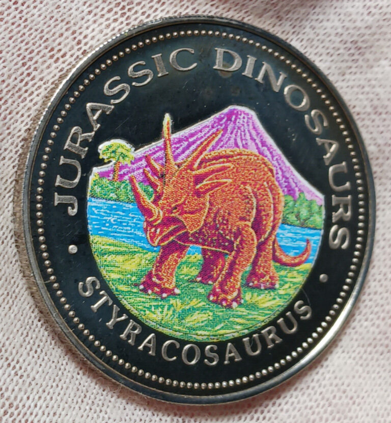 Read more about the article 1993 Equatorial Guinea 1000 Franc Colorized Coin Jurassic Dinosaur Styracosaurus